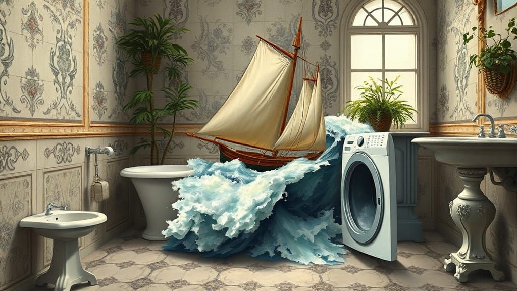 Majestic Sailboat Rides Cresting Wave in Oil Painting Style