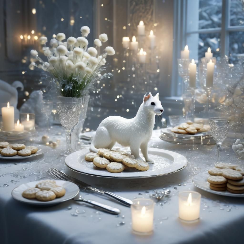 Ermine at Table with White Chocolate in 3D Render