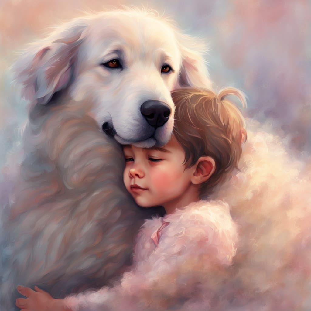 Child's Loving Embrace with a Big Fluffy Dog
