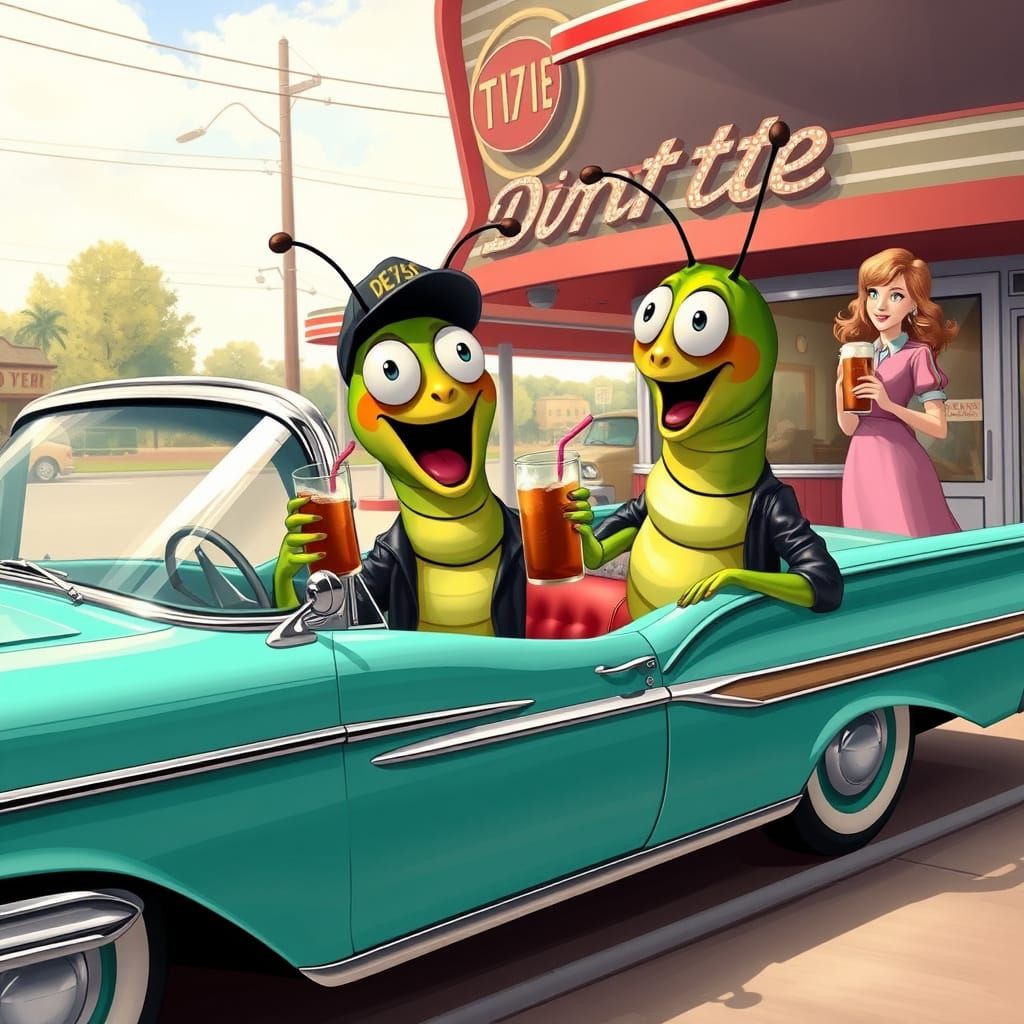 Anthropomorphic Caterpillar at a 1950s Drive-In Diner
