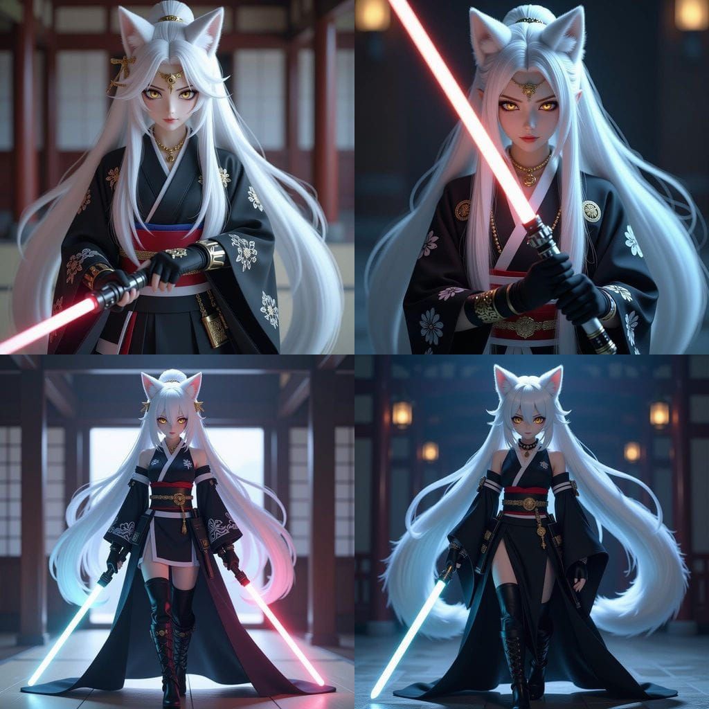 Anime Kitsune Admiral with White Lightsaber in Battle Kimono
