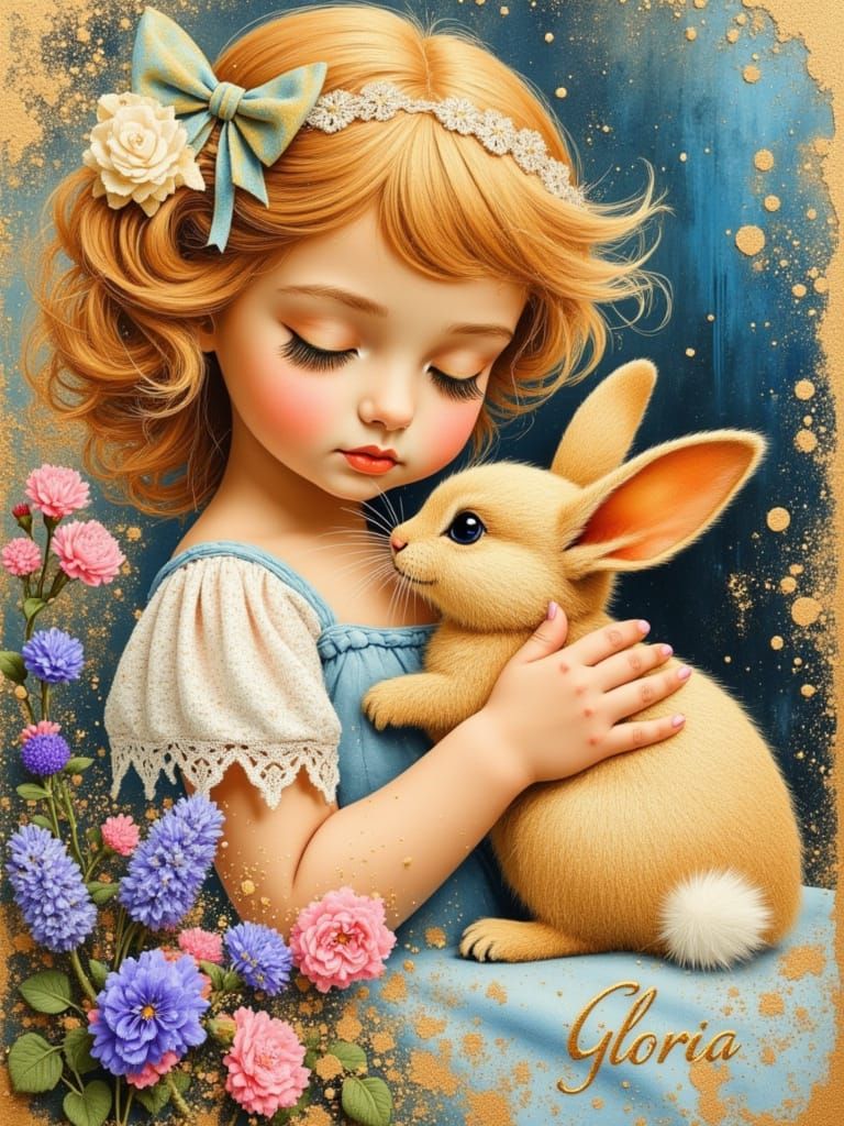 Vintage Girl with Bunny in Emil Vernon Style