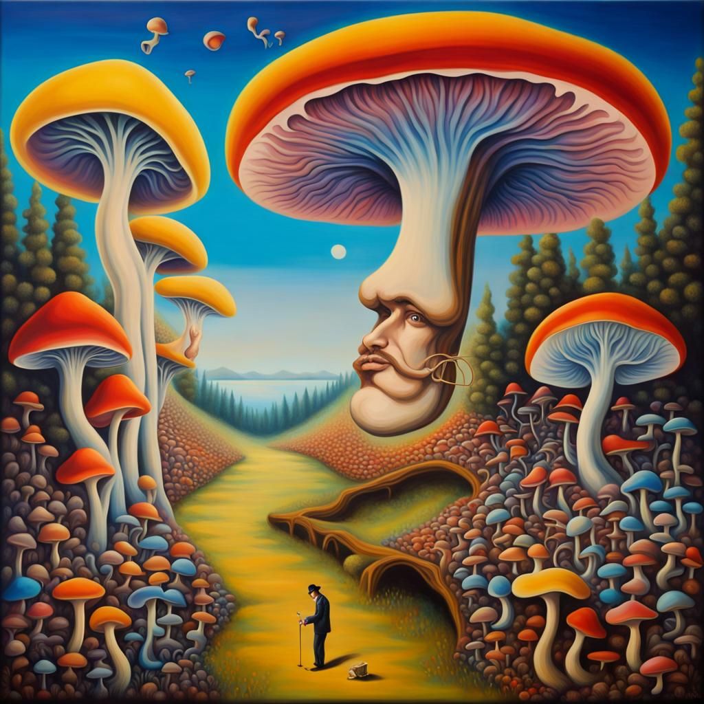 Surreal Musician in Rainbow Mushroom Forest