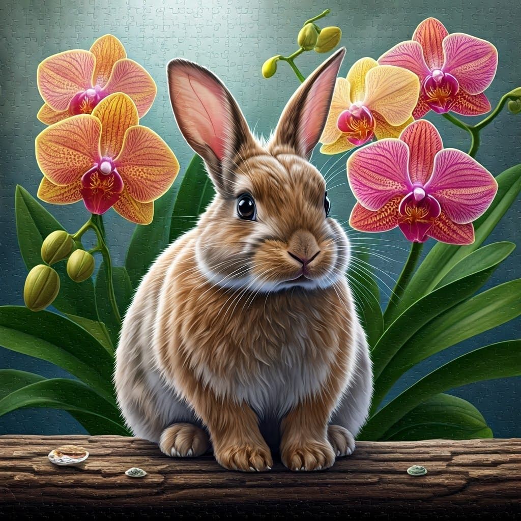 Majestic Rabbit Amidst Vibrant Orchids