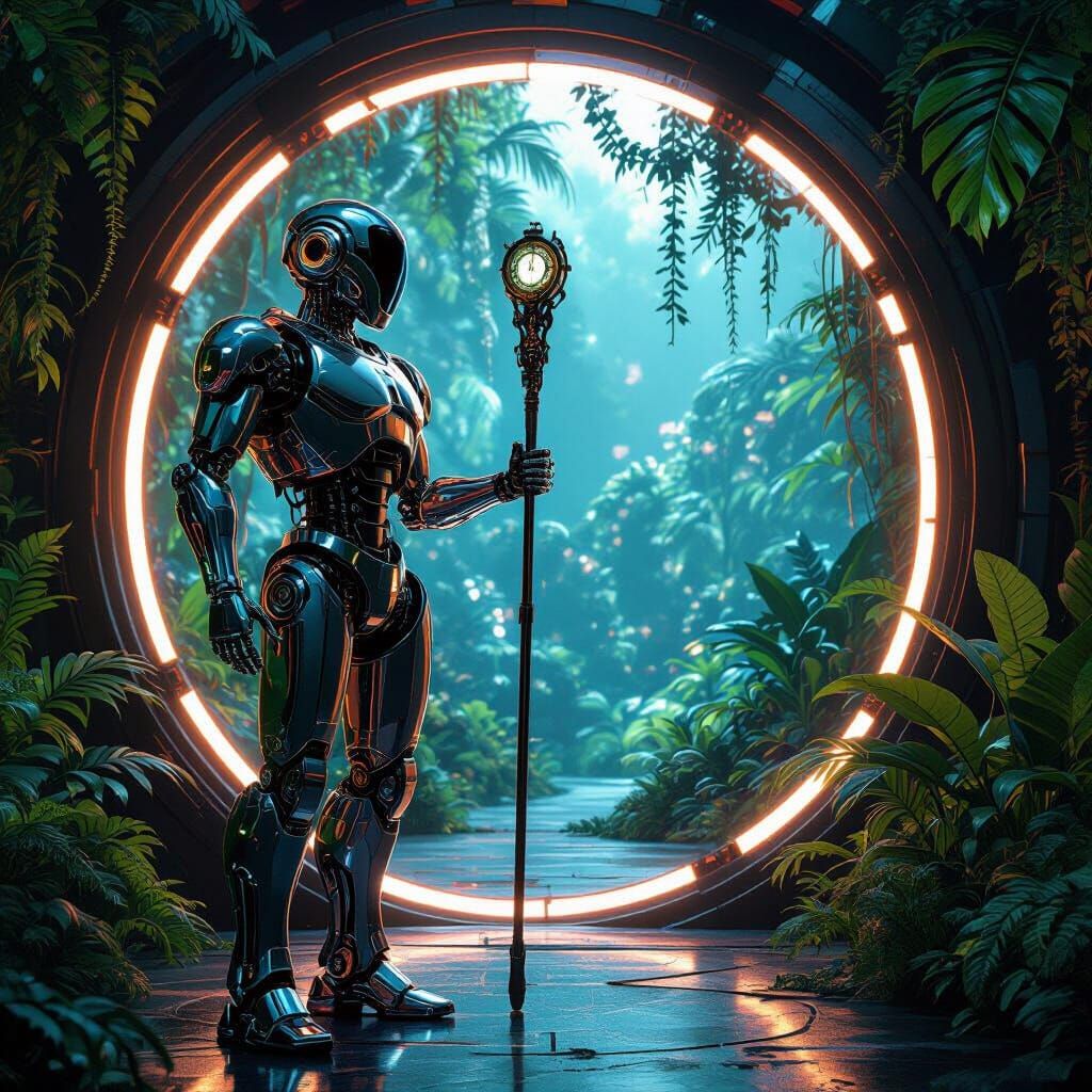 Robot Guardian of Bioluminescent Jungle Portal