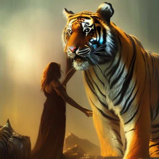 Woman Hugging Tiger: Dark Fantasy Art in 8K