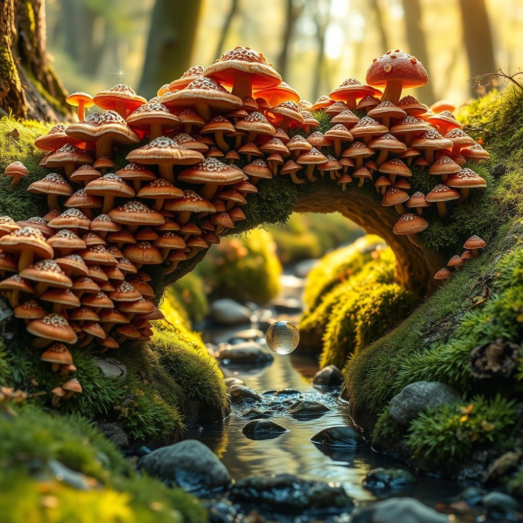 Whimsical Fungal Bridge in Vibrant Earthy Hues