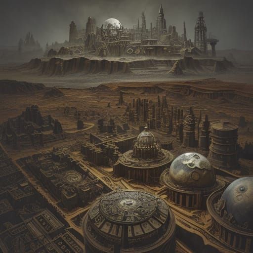 Steam Punk Village on the Moon in Intricate Black and White