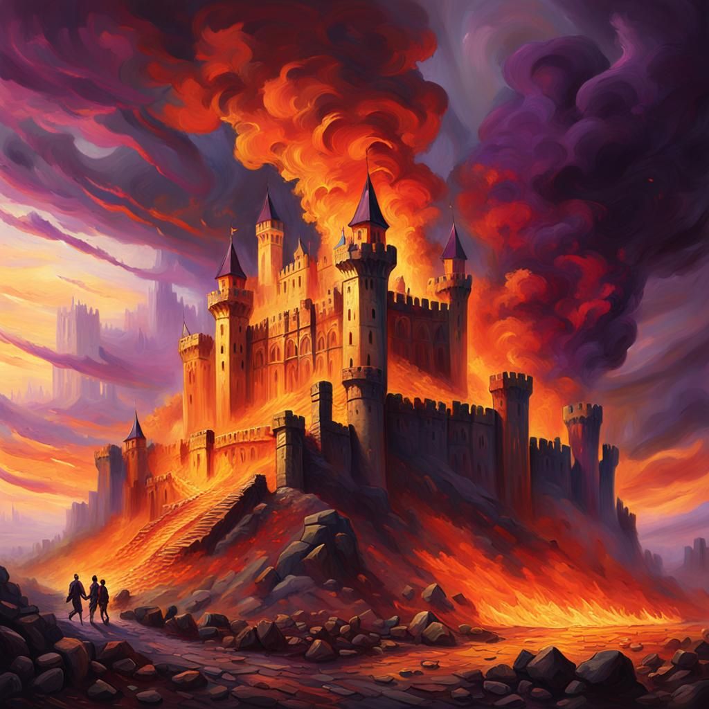 Gothic Castle Ablaze: A Vivid Landscape Painting
