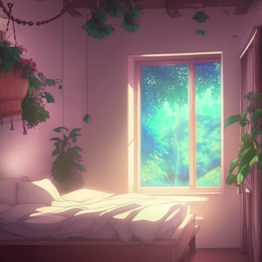 Magical Bedroom with Hanging Plants: Studio Ghibli Style