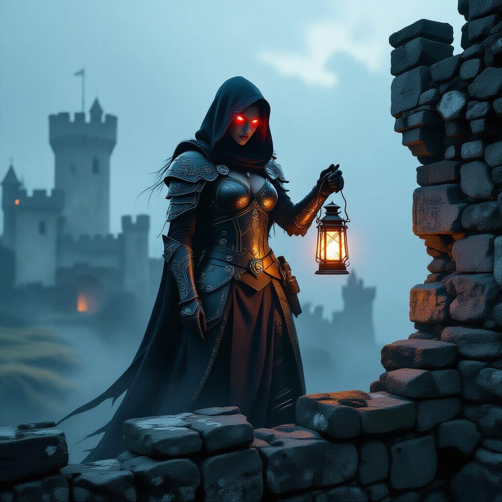 Gothic Demon Hunter on Castle Battlement