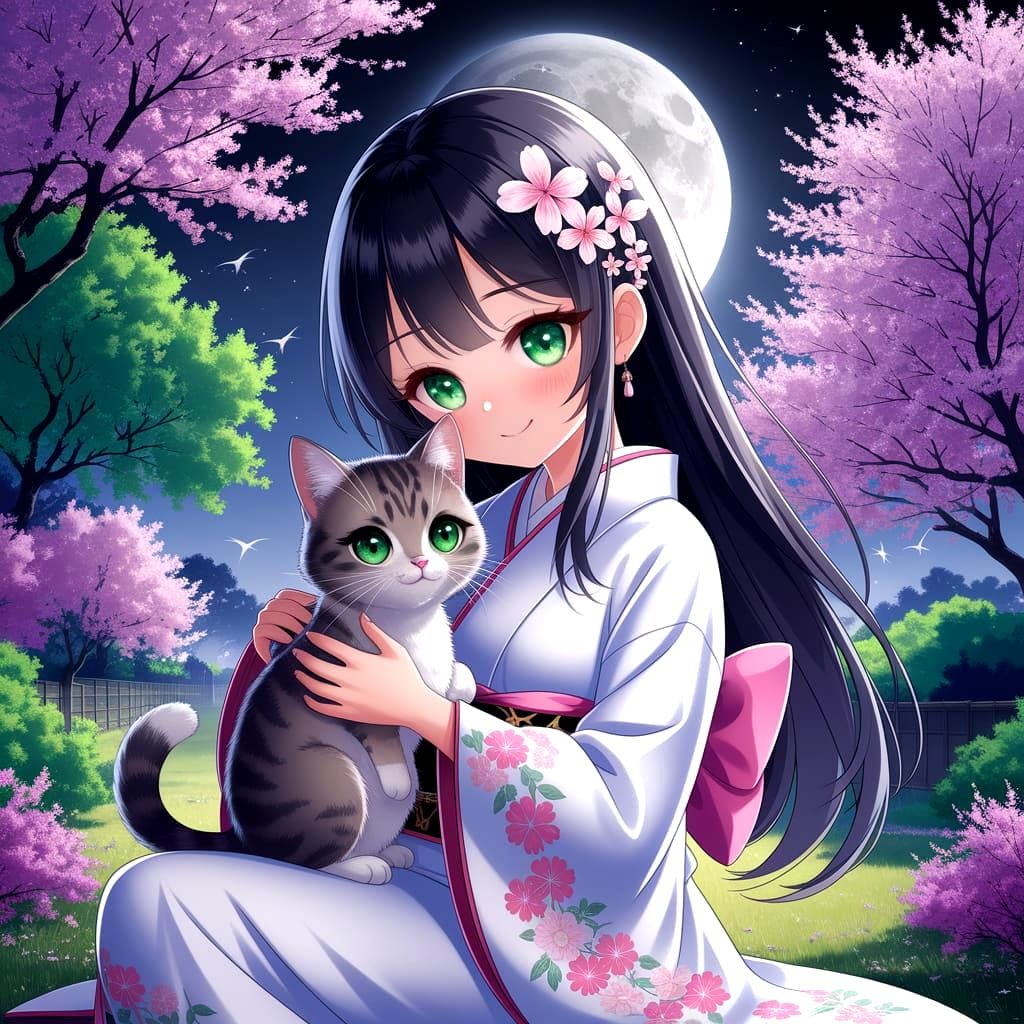 Anime Girl Cuddles Grey Cat in Moonlit Japanese Garden