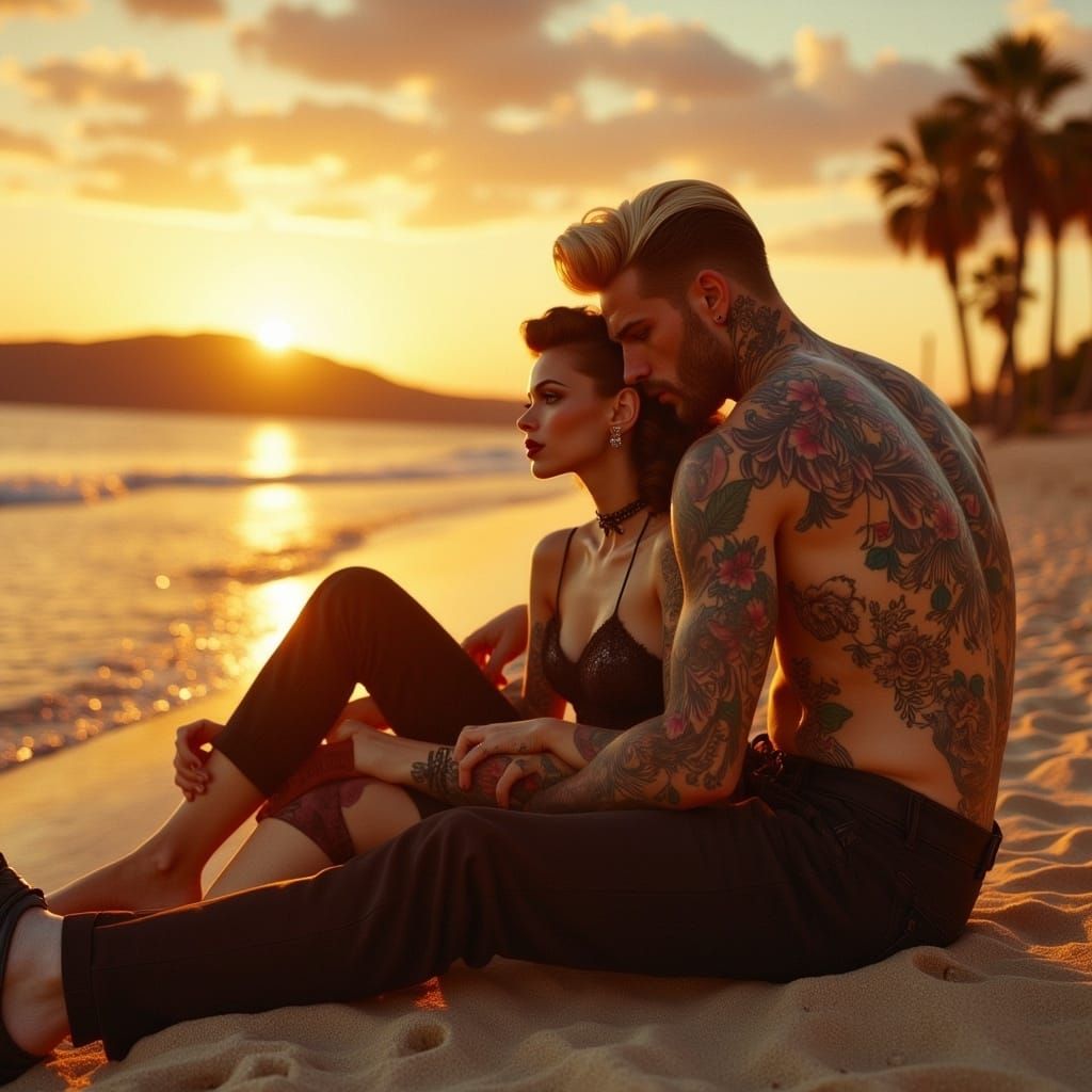 Romantic Sunset: 1950s Greaser Embrace, Cinematic Style
