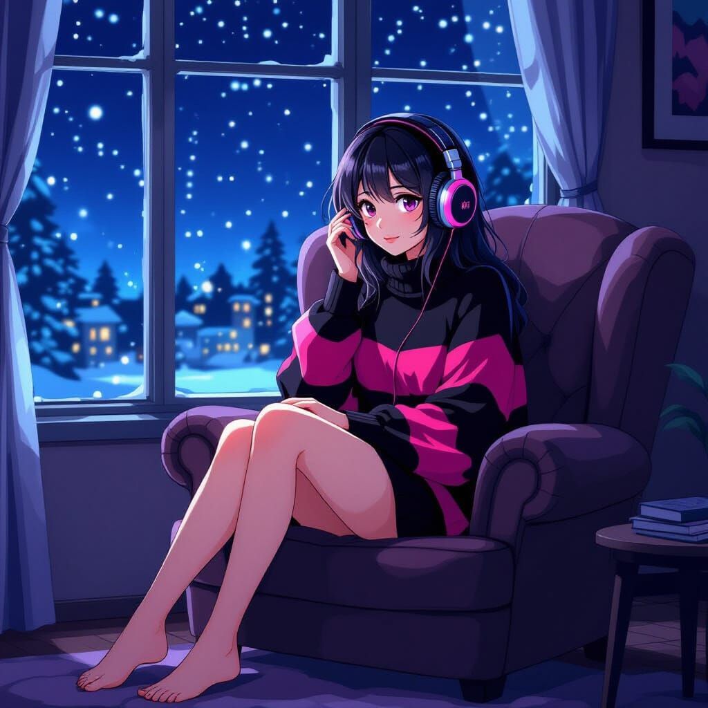 Anime Emo Woman Listening to Music in Winter Night