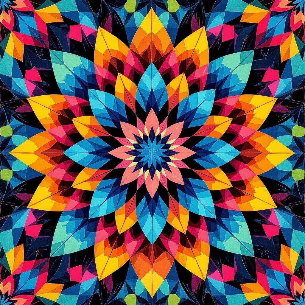 Geometric Flower Kaleidoscope in Mixed Media Style