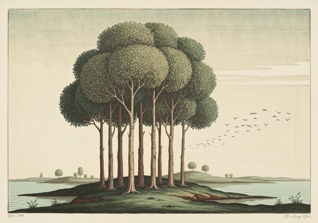 Serene Landscape with Trees and Birds in Print Style