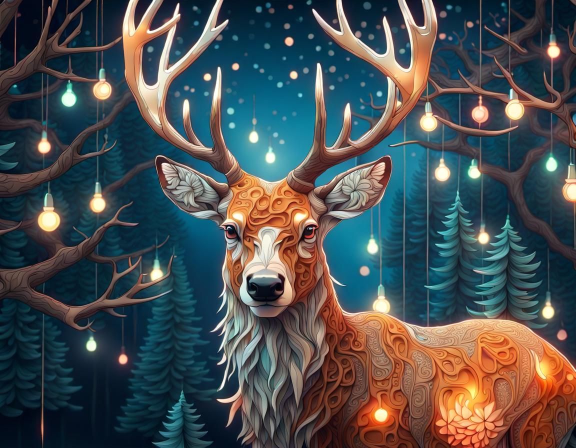 Intricate Buck with Party Lights in Zentangle Style