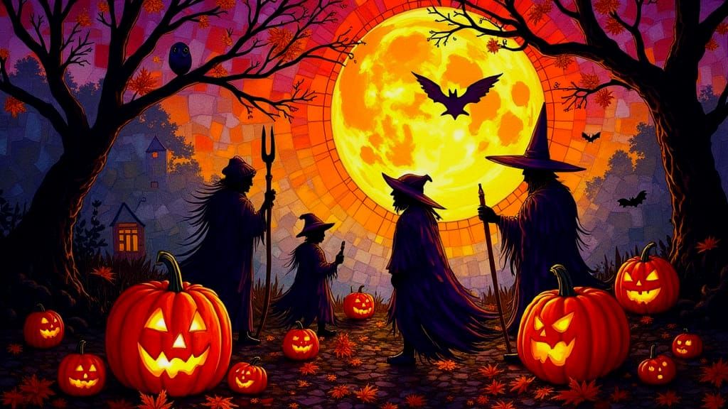 Halloween Harvest Moon Celebration in Mosaic Stained Glass S...