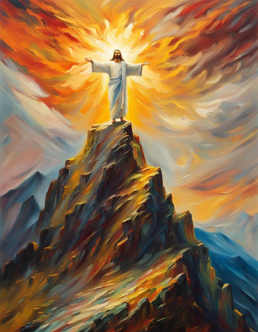 Radiant Jesus on Mountain in Neo-Expressionist Style