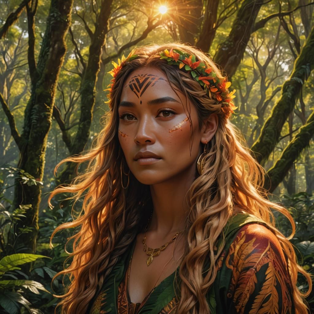 Māori Goddess Weaving Sunlight in Hyperrealistic Concept Art