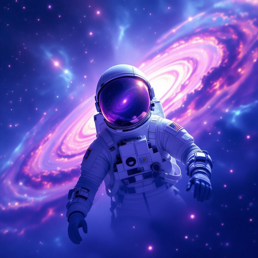 Astronaut Adrift in Nebula Reflecting Galaxy