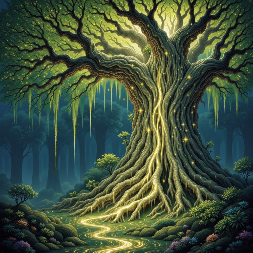 Anthropomorphic Tree Weeping Stardust Tears in Visionary Art...
