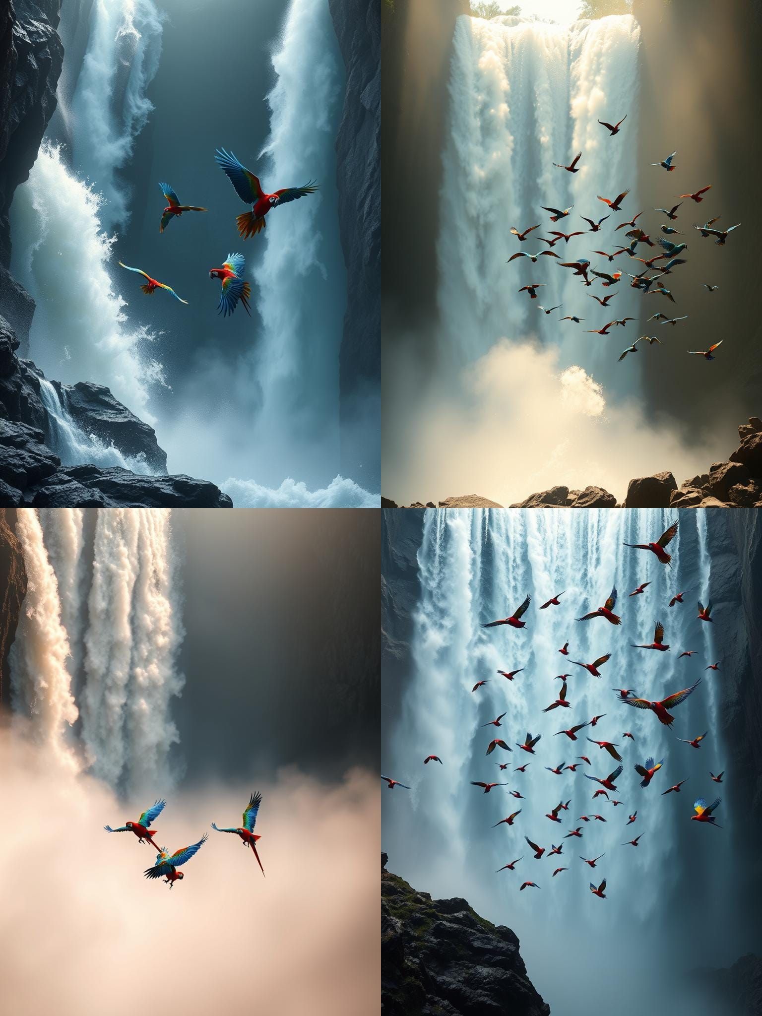 Spectacular Waterfall with Macaws in Hyperrealism