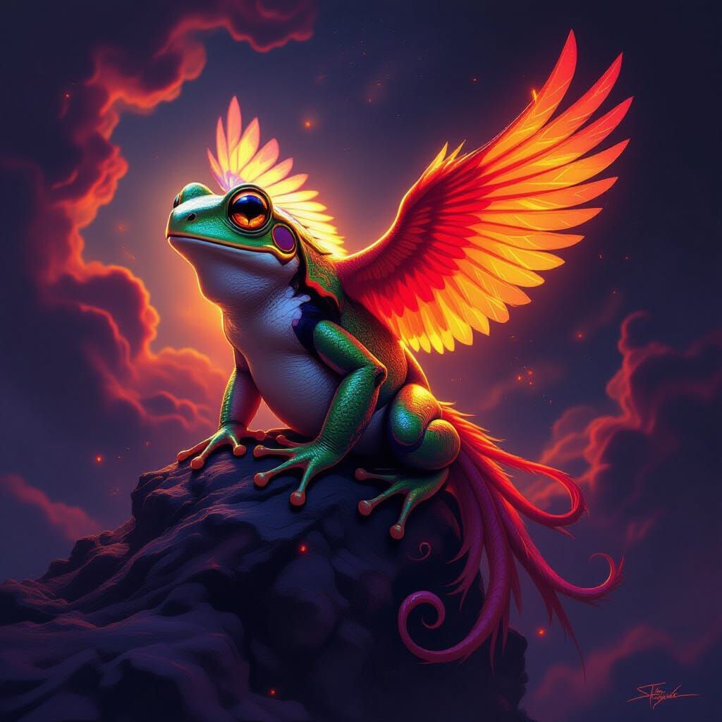 Mythical Frog-Phoenix Hybrid in Nebula