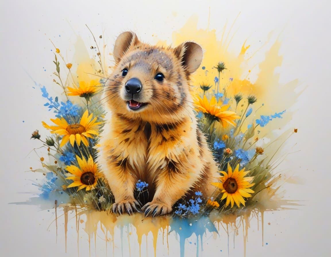 Quokka Smiling in Wildflowers, Watercolour Palette