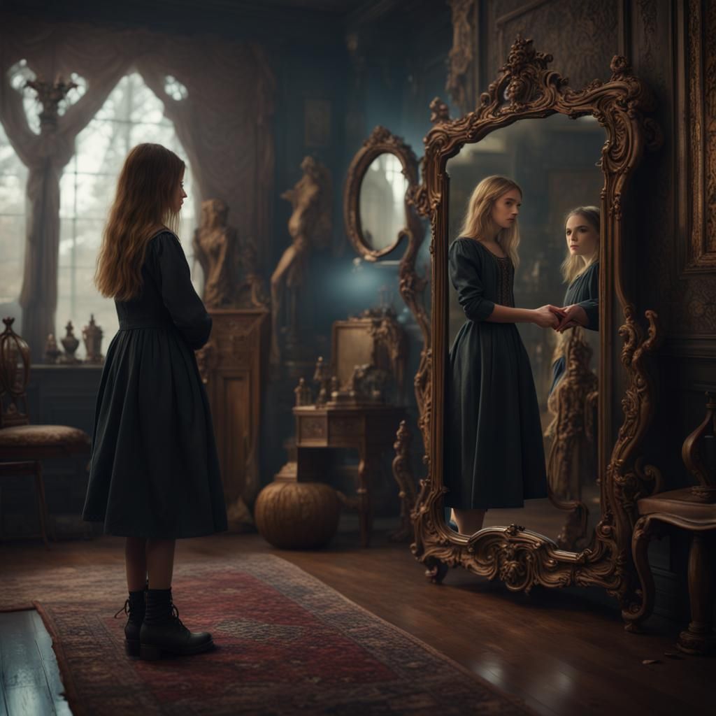 Girl and Witch Mirror Reflection: Digital Matte Painting