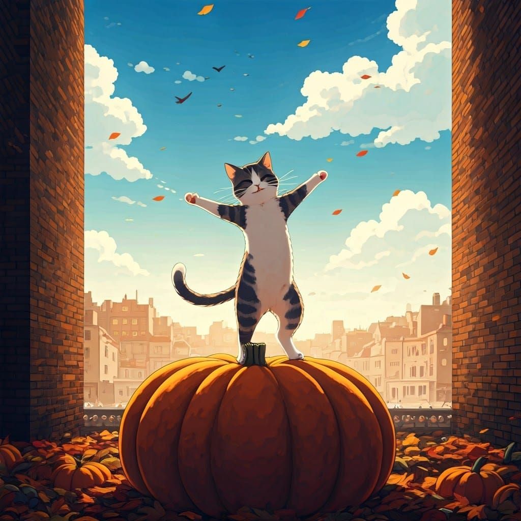 Cat Dances on Pumpkin in Anime Style
