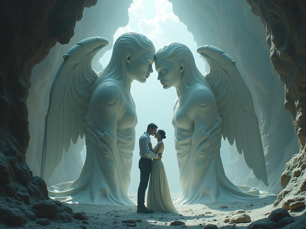 Cyborg Angels Embrace in Sci-Fi Sculpture Garden