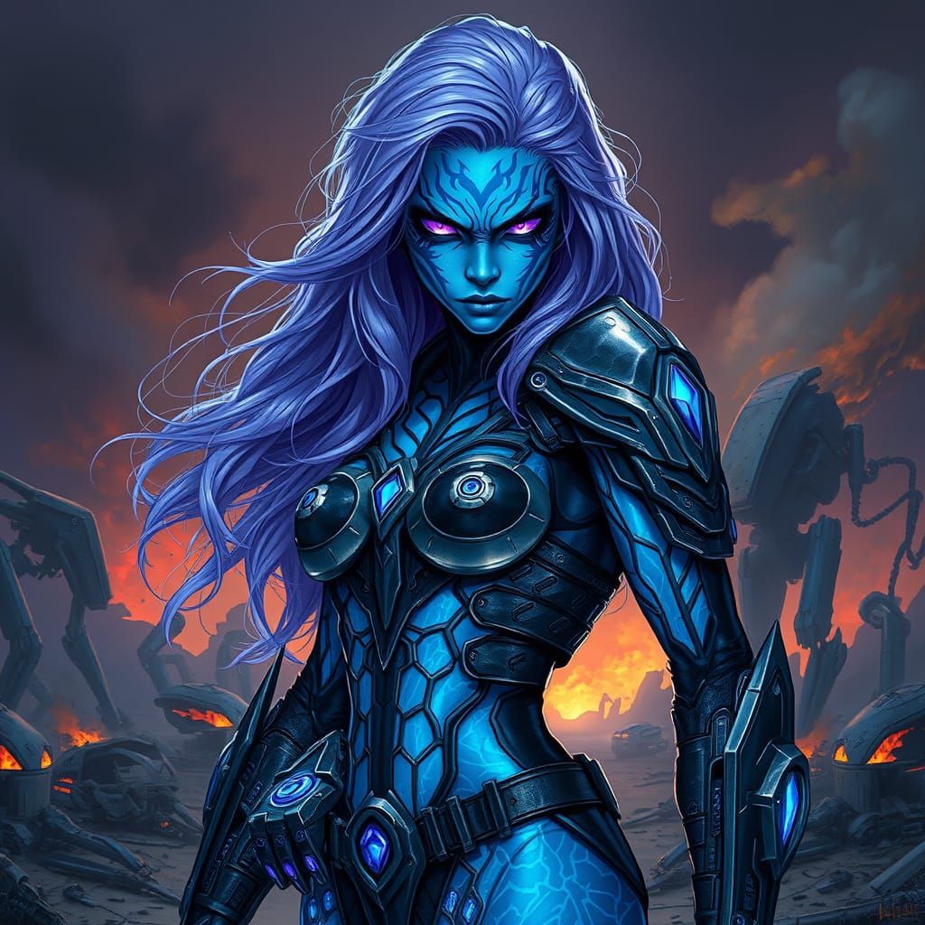 Cyberpunk Alien Warrior in Shattered Landscape