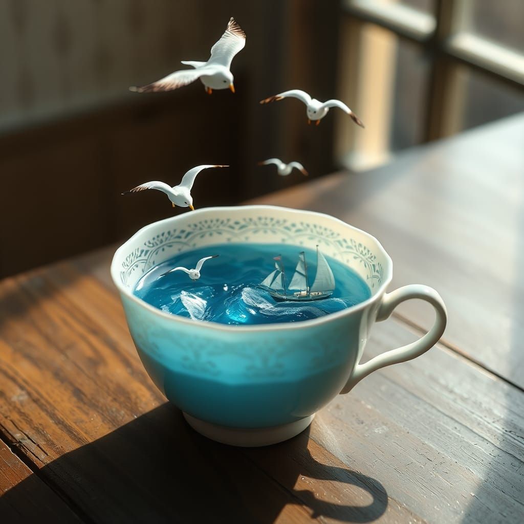 Ocean in Teacup: Surreal Miniature Scene