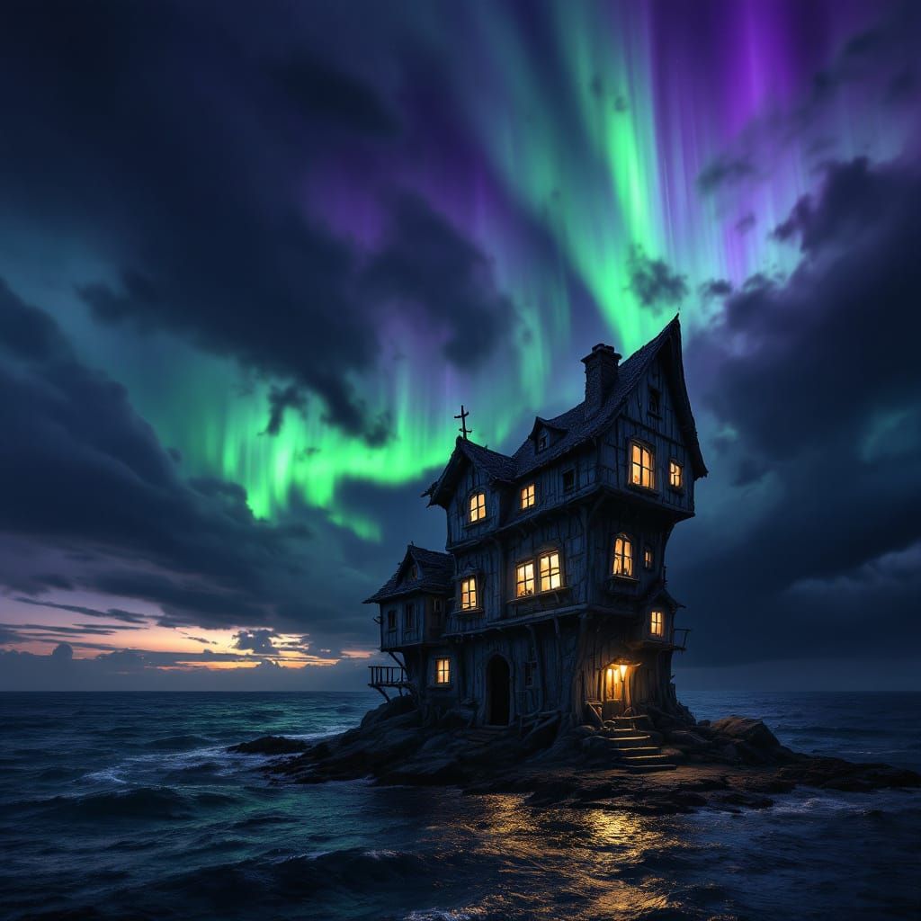 Viking House Under Aurora Borealis and Storm