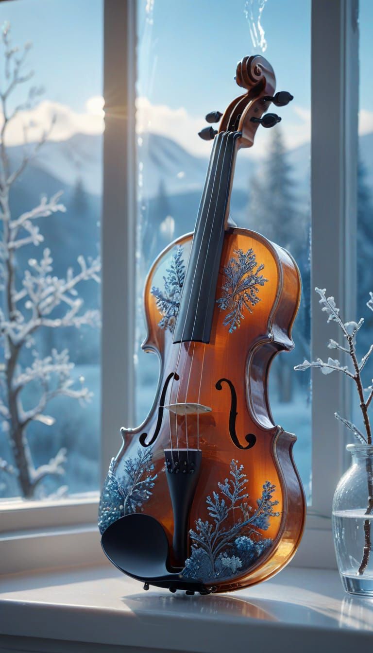 Glass Violin in front of a window