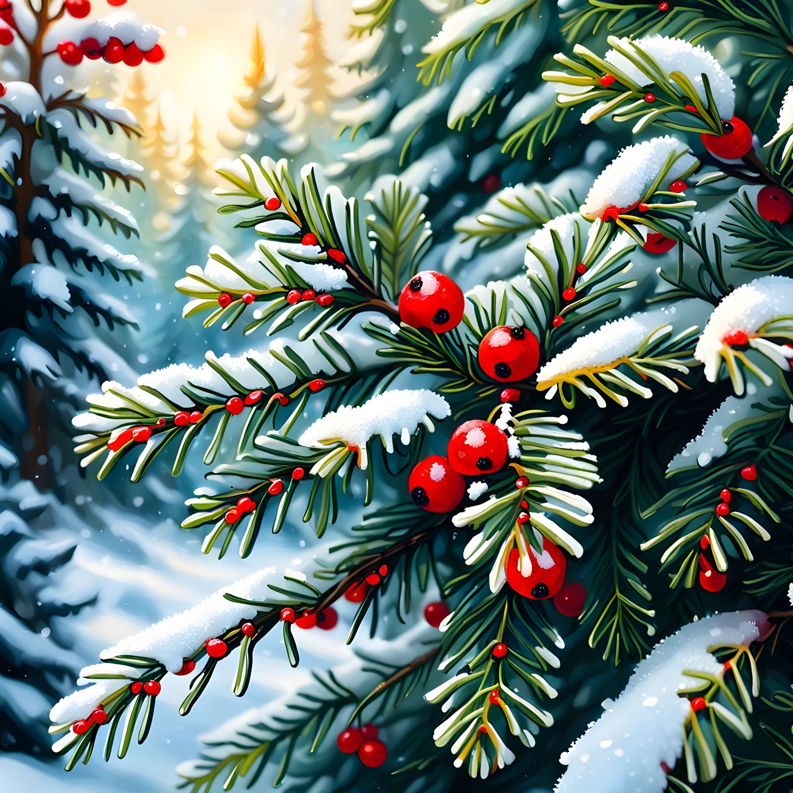 Evergreen and Holly Berries in Winter Light