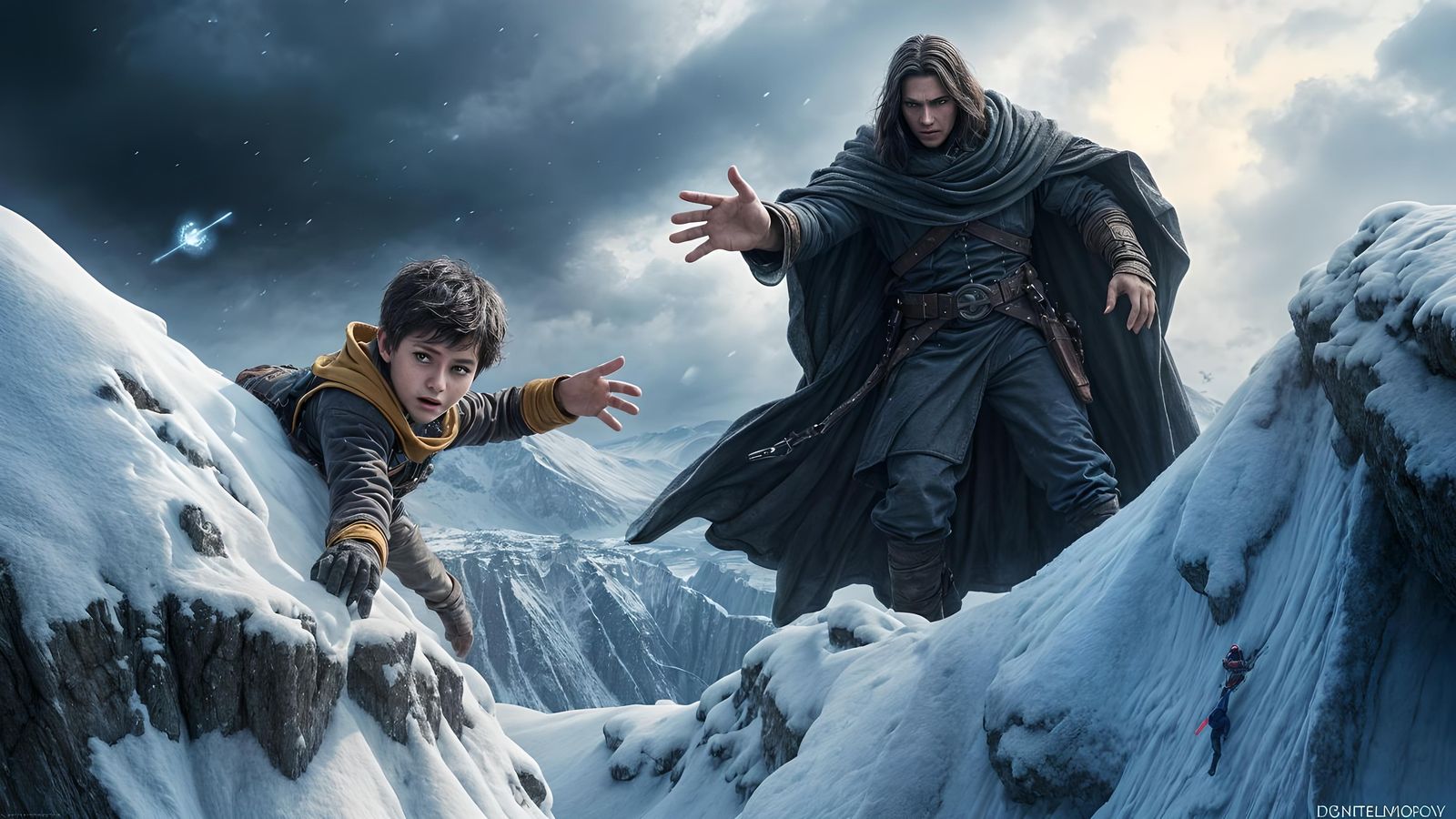 Boy Reaches for Helping Hand on Cliff Edge