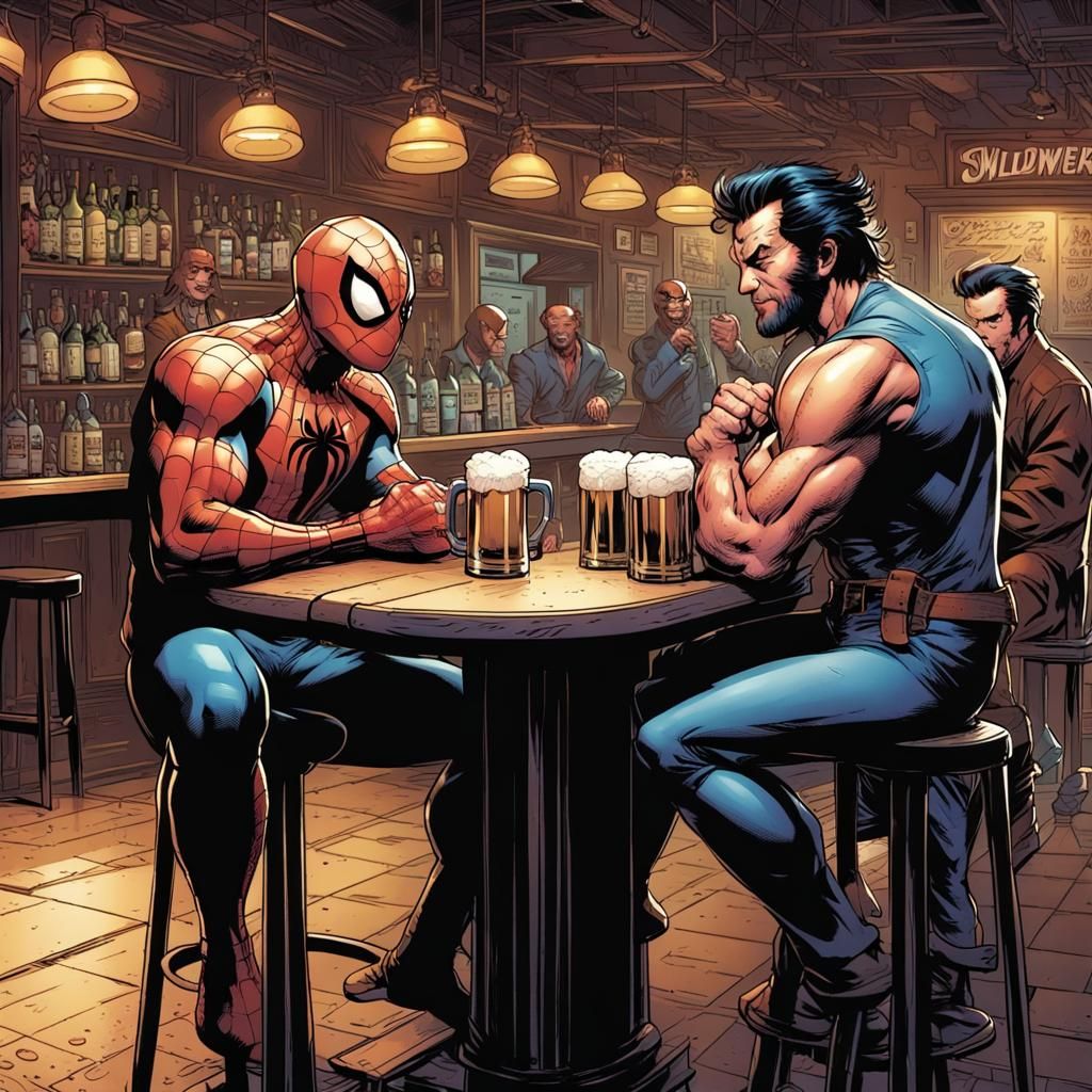 Spiderman and Wolverine at a Bar: Comic Book Art
