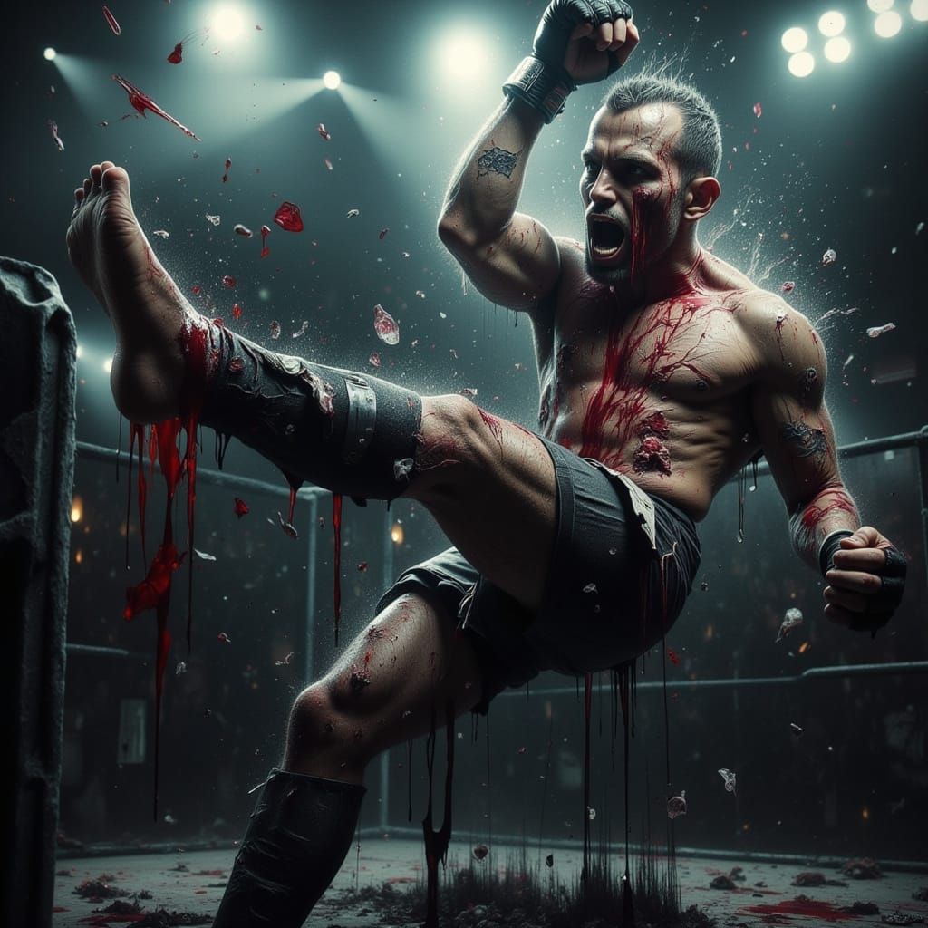 Blood-Stained MMA Fighter Unleashes Brutal Kick in Gritty Ar...