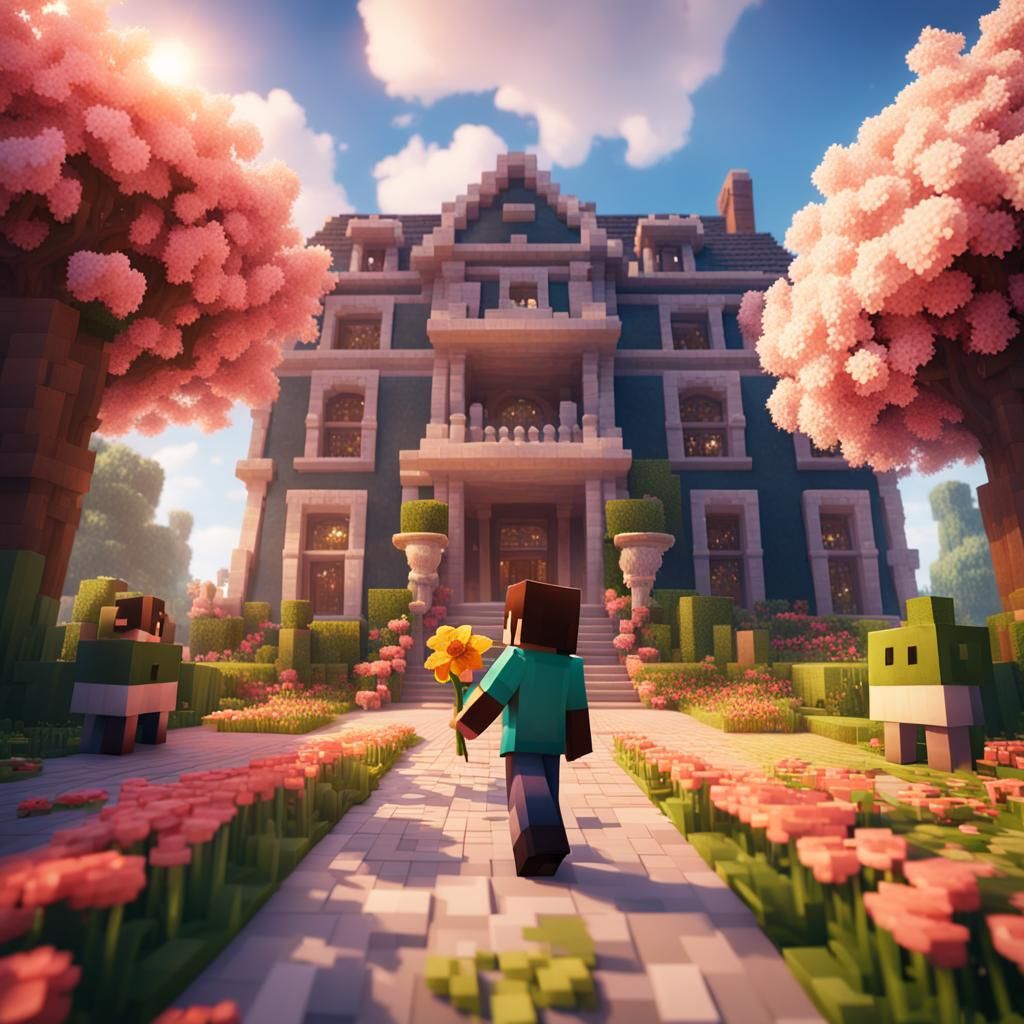 Minecraft Spring: Boy Gives Flower Near Mansion
