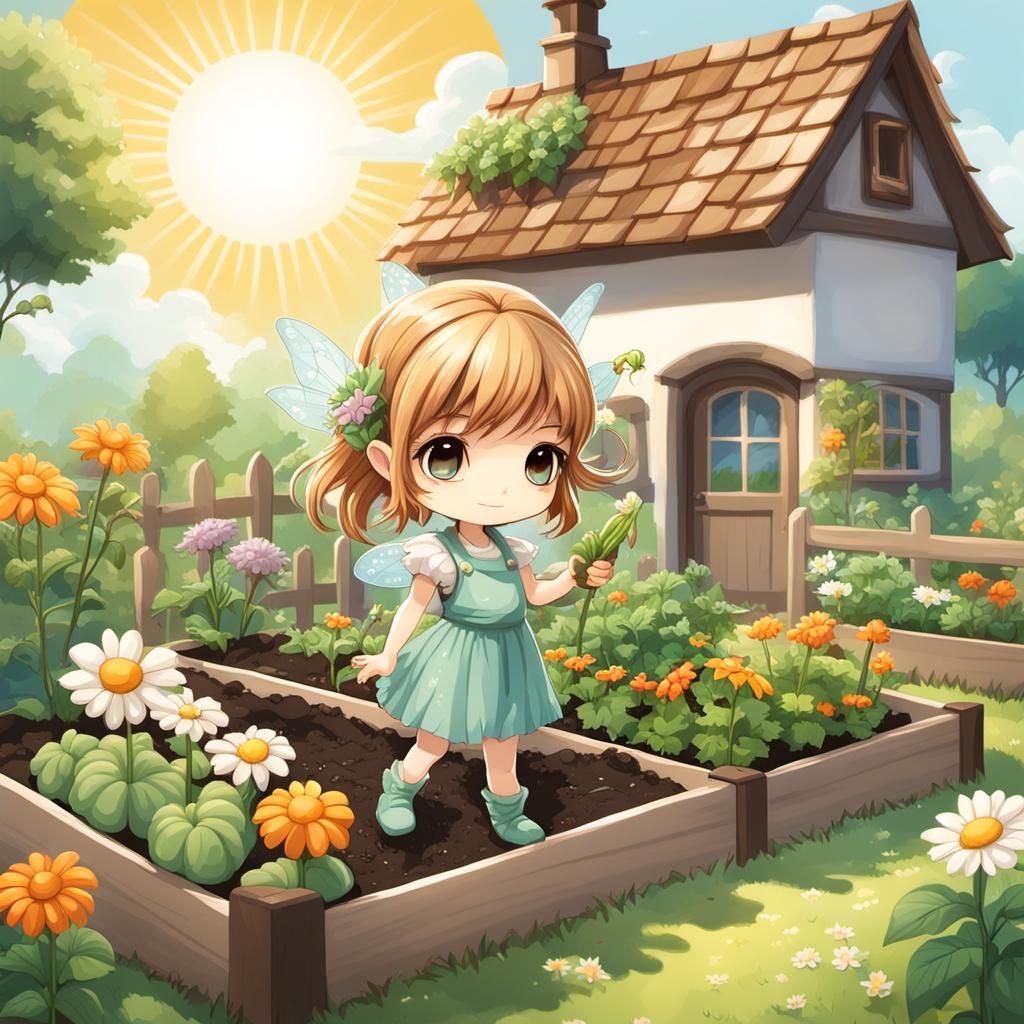 Chibi Fairy Gardening in Cottage Garden