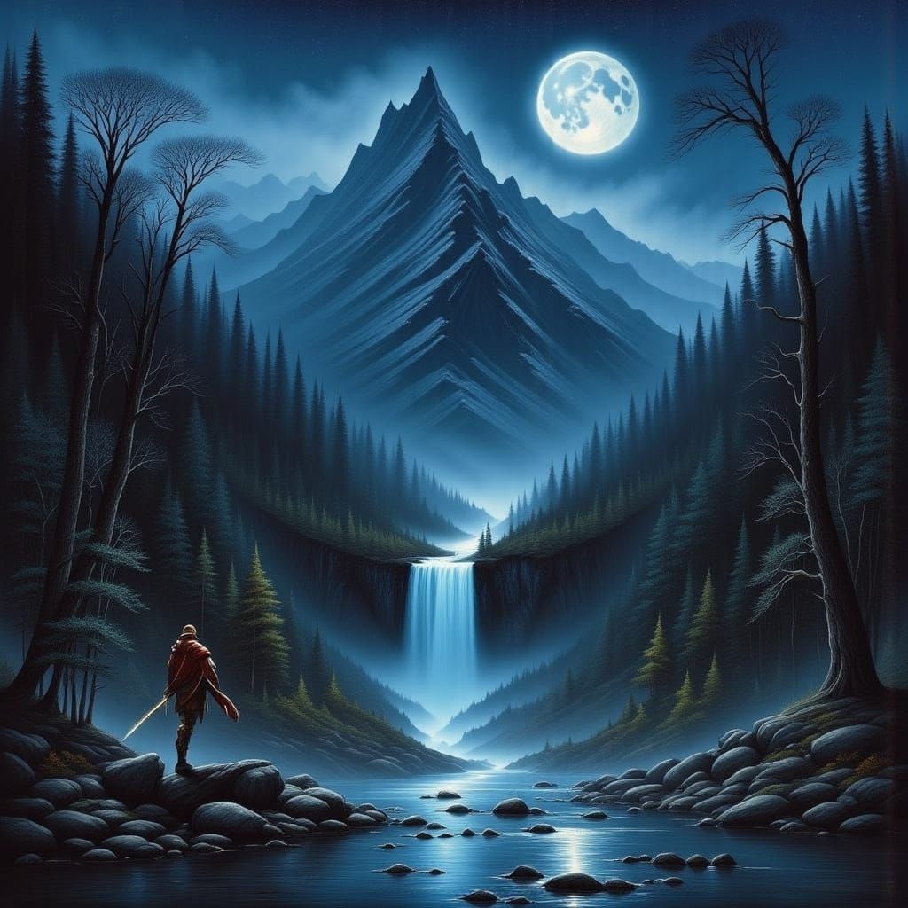 Moonlit Mountain Waterfall with Soft Light