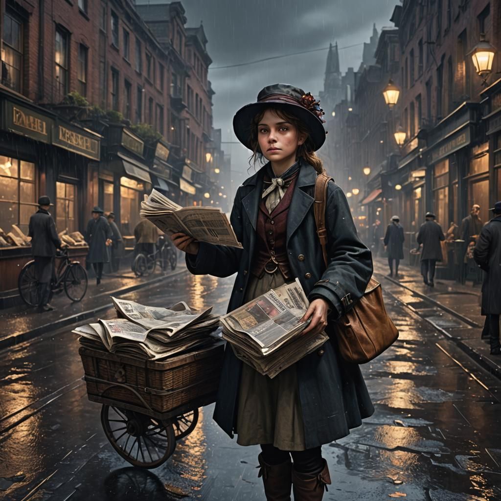 Victorian Street Urchin Selling Newspapers on Rainy Night