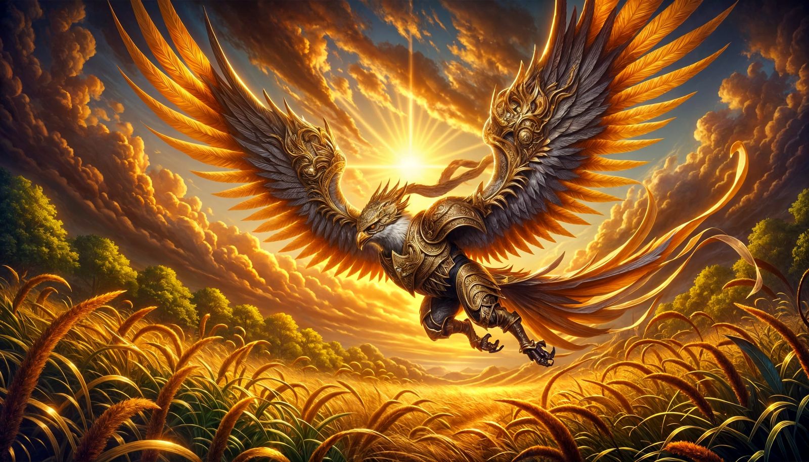 Bird Knight Soaring Through Sunlit Meadow