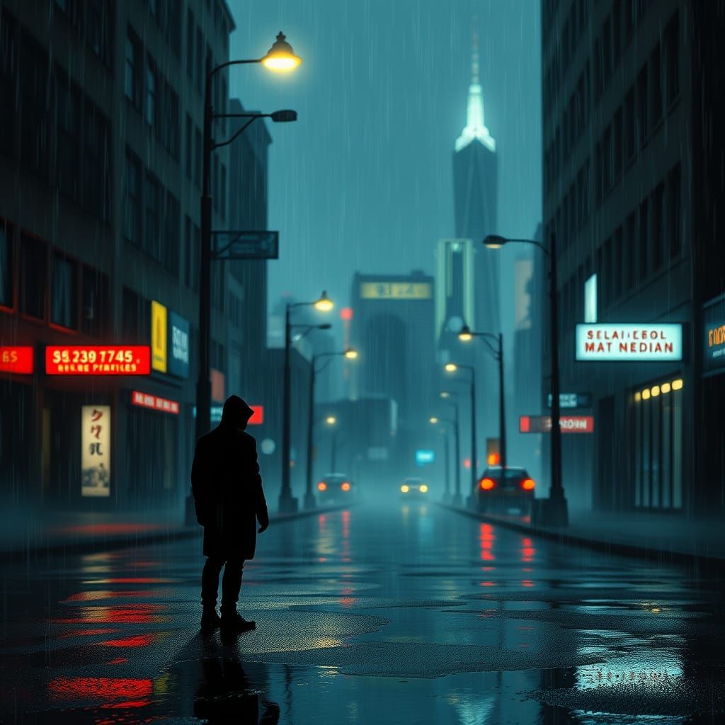 Figure on Rainy Street Under Ethereal Streetlamp