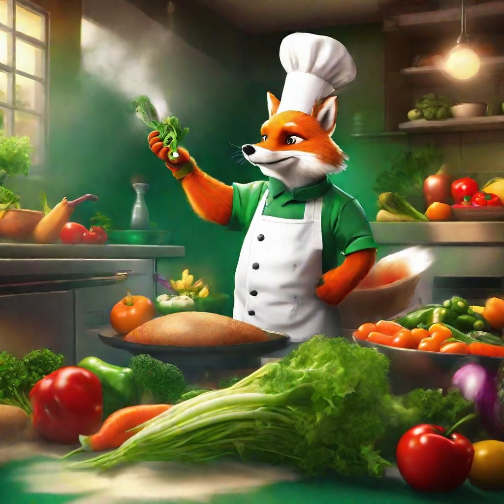 Foxy Chef Juggling Vegetables in Kitchen: Digital Art