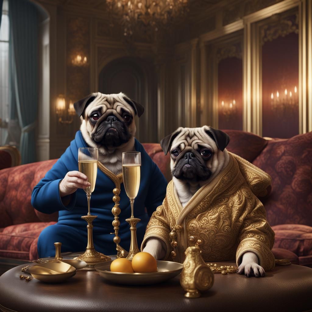 Pugs Lounging and Sipping Champagne in Regal Hotel
