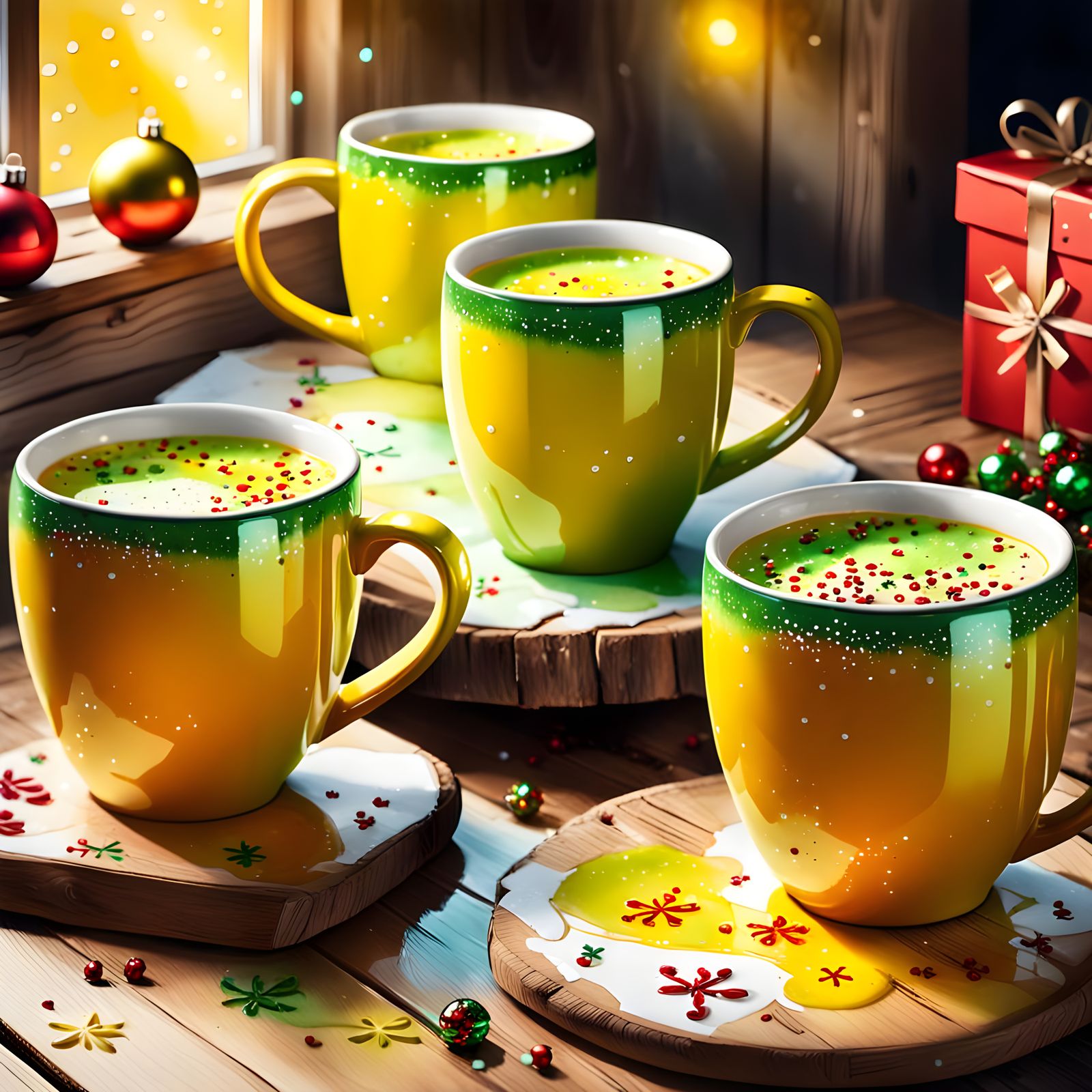 Vibrant Yellow Ceramic Mugs in Playful Watercolor Style