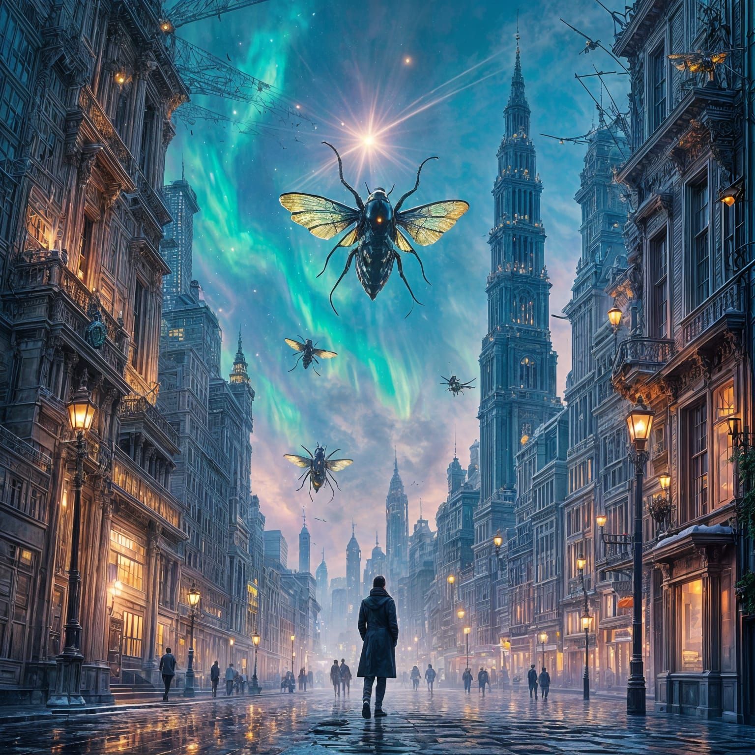 Twilight Cityscape of Light Sculptures and Auroras